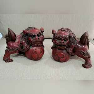 Set Of 2 Chinese Feng Shui Lucky Loin Foo Red Resin Dog 6"